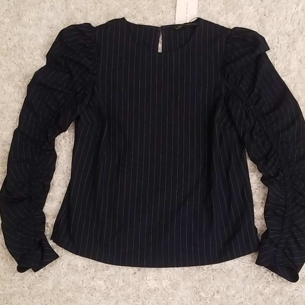 Zara Pinstriped Ruffled Long Sleeve Blouse Top